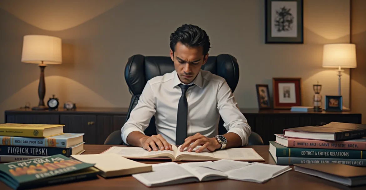 Человек изучает финансовые документы и книги по финансовой грамотности