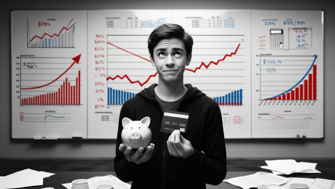 Изображение человека, который стоит перед выбором: потратить деньги на ненужные вещи или вложить их в будущее.