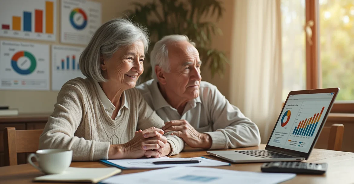 Изображение пожилой пары, которая обсуждает свои финансы за столом с ноутбуком, блокнотом и калькулятором.