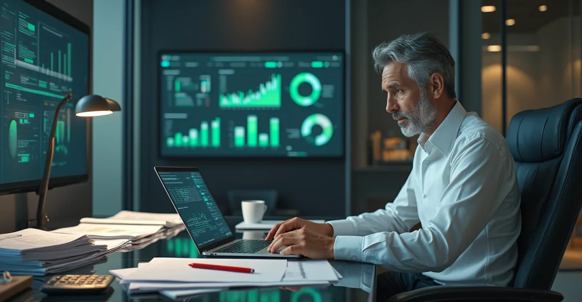 Изображение предпринимателя, который работает за столом с ноутбуком, бухгалтерскими документами и калькулятором.