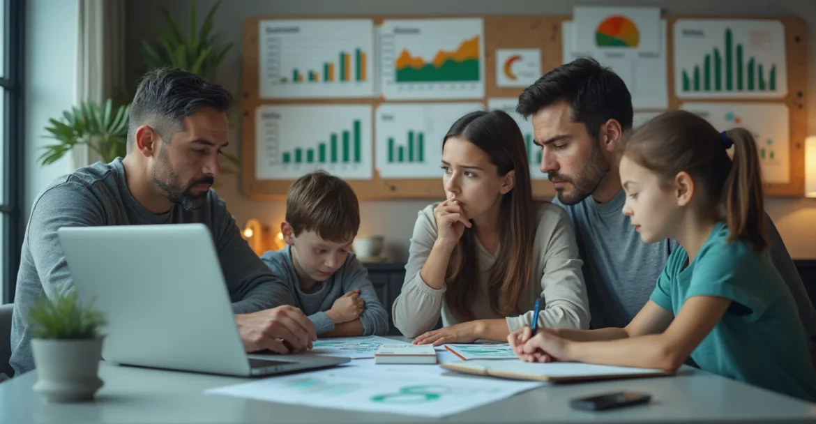 Изображение семьи, которая обсуждает семейный бюджет за столом с ноутбуком, блокнотом и мобильным приложением.