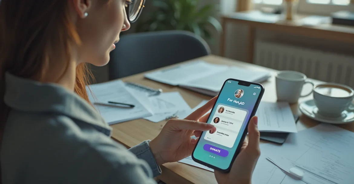 Изображение человека, который делает пожертвование через смартфон.