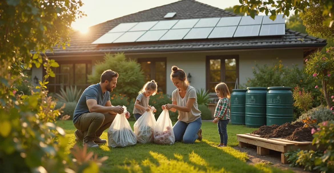 Изображение семьи, которая сортирует отходы для переработки, использует многоразовые сумки и бутылки, а также устанавливает солнечные панели на крыше дома. На заднем плане виден сад с компостной кучей и дождевыми бочками.