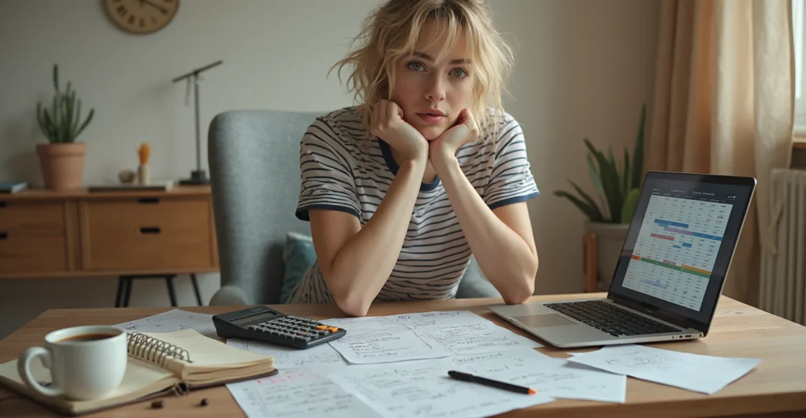 Изображение студента, который сидит за столом с ноутбуком и документами, планируя свои расходы на обучение.