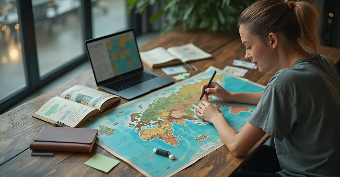 Изображение человека, который сидит за столом с картой и ноутбуком, планируя свою поездку.