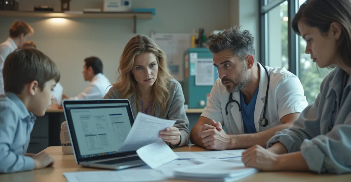 Изображение семьи, которая обсуждает медицинские счета за столом, используя ноутбук и документы.