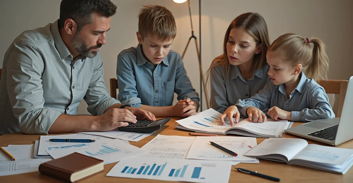 Изображение семьи, сидящей за столом и анализирующей семейный бюджет. На столе видны ноутбук, блокноты, калькулятор и графики.