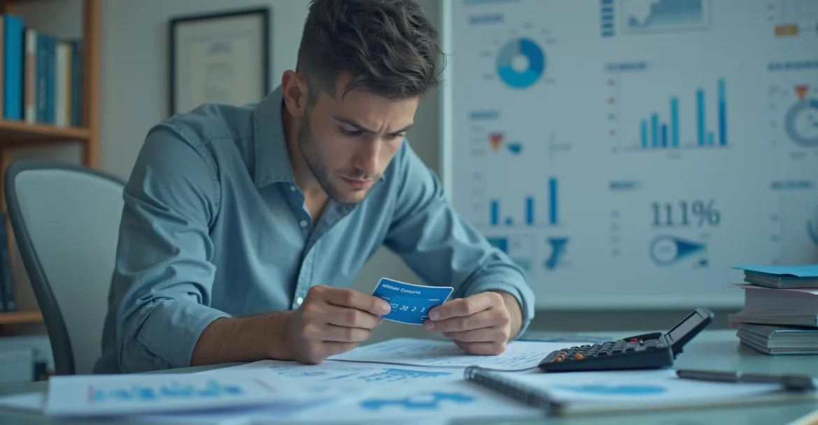 Изображение человека, который внимательно изучает условия кредитной карты, сидя за столом с документами и калькулятором.