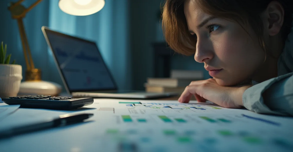 Изображение человека, который сидит за столом с ноутбуком и документами, анализируя свои финансовые возможности и риски.