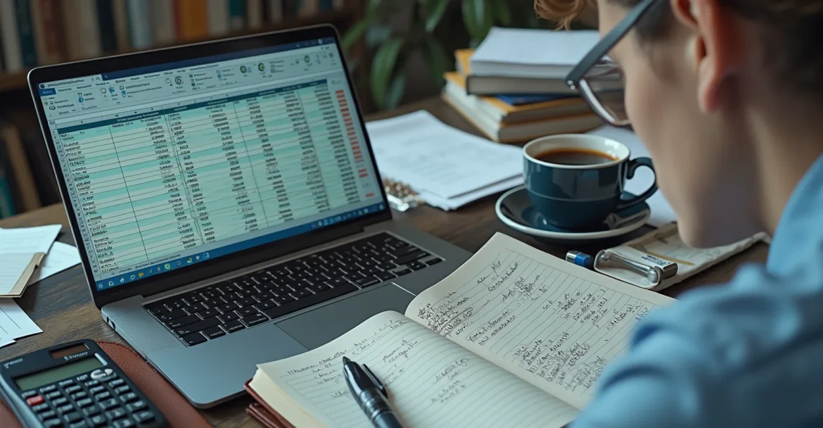 Изображение человека, который сидит за столом с ноутбуком и документами, планируя свой бюджет.