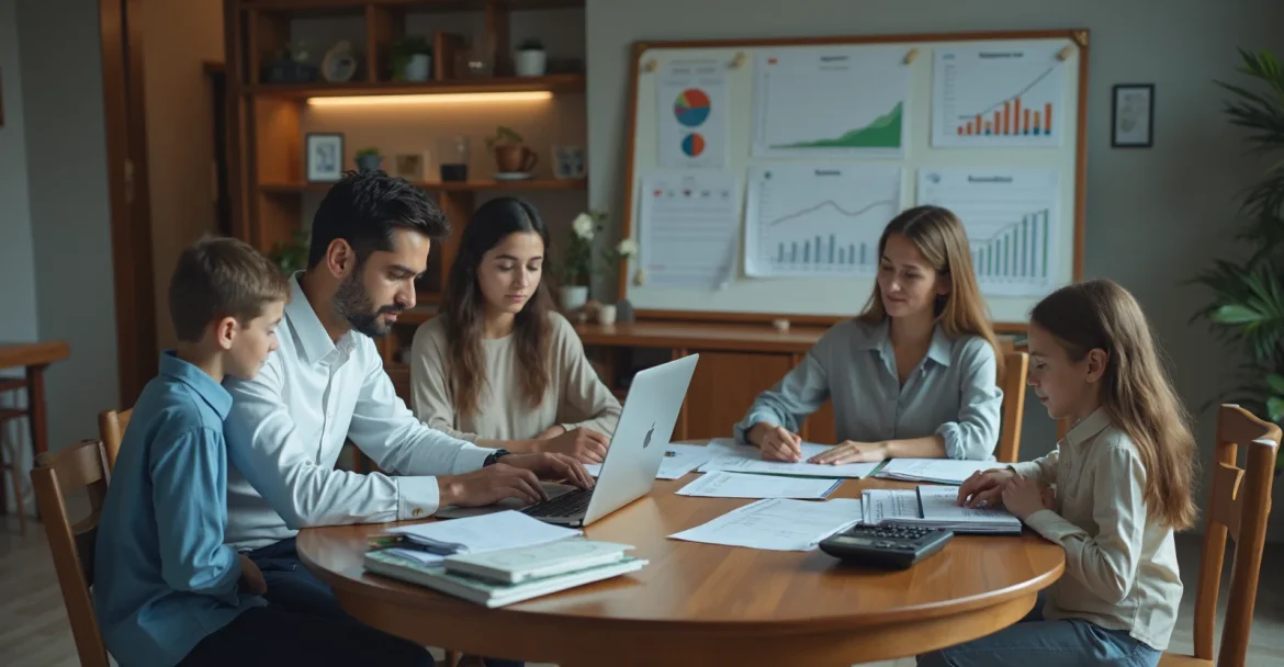 Изображение семьи, сидящей за столом и обсуждающей семейный бюджет.