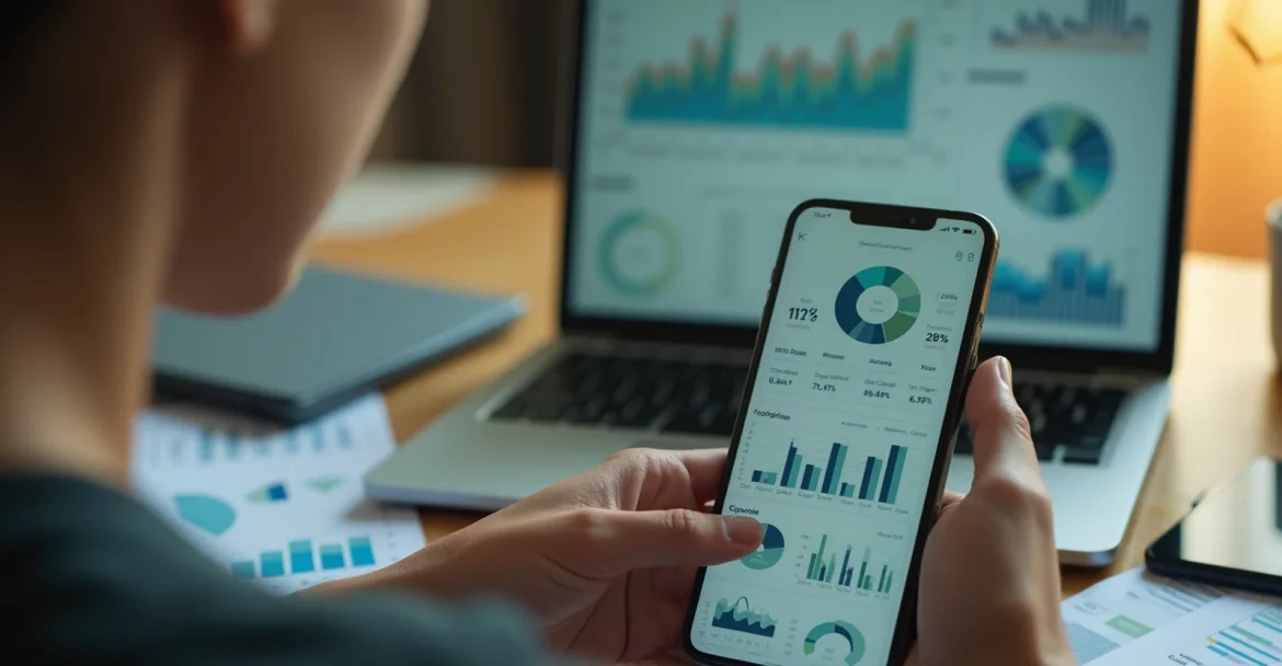 Изображение человека, который использует смартфон для управления своими финансами.