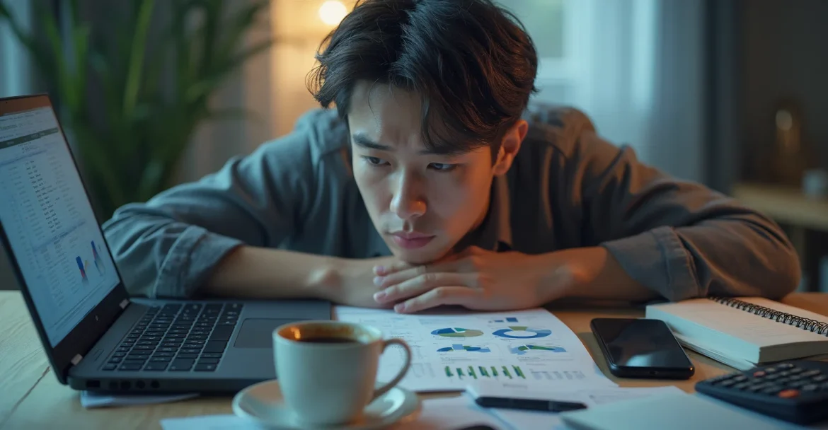 Изображение человека, который сидит за столом с ноутбуком и смартфоном, анализируя свои финансовые данные.