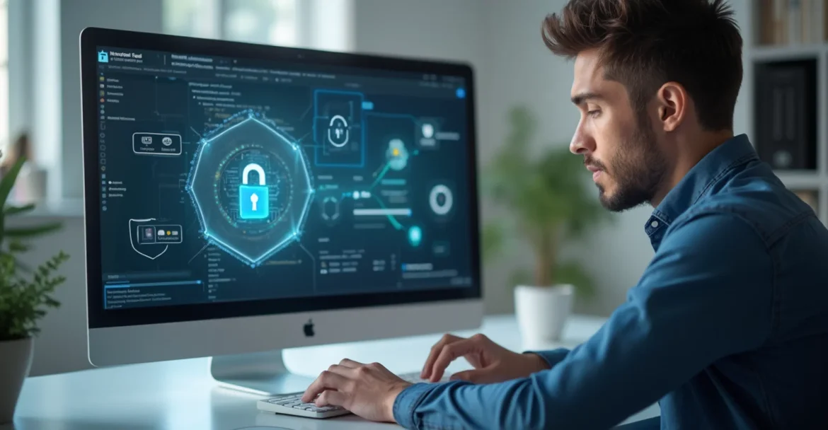 Изображение человека, который работает за компьютером с включенным антивирусом и двухфакторной аутентификацией.