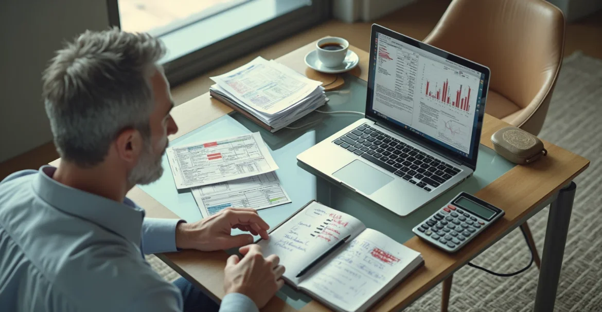 Изображение человека, который сидит за столом с ноутбуком и документами, анализируя свои активы и пассивы.
