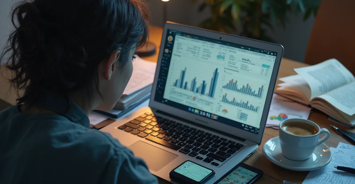 Изображение человека, который сидит за столом с ноутбуком и смартфоном, анализируя свои финансовые данные.
