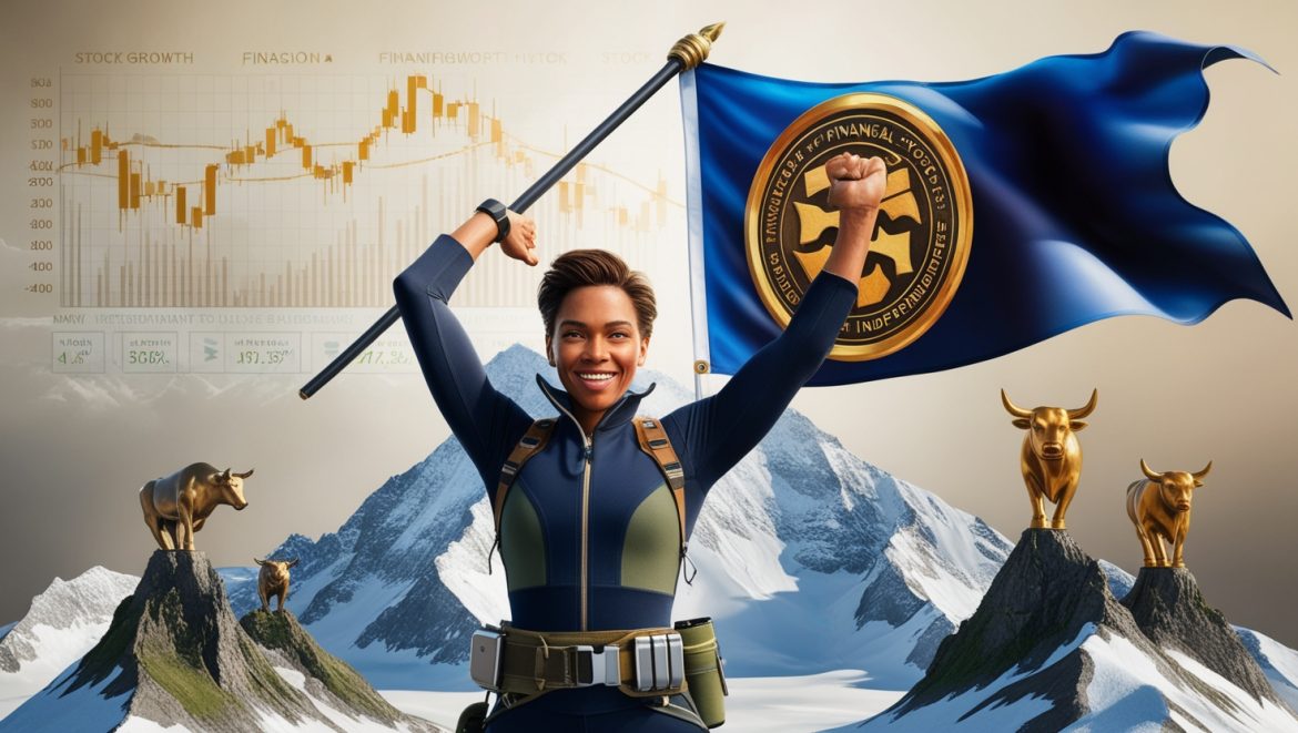 Изображение человека, стоящего на вершине горы с флагом, символизирующим достижение финансовой независимости. На заднем плане видны графики роста и инвестиционные символы