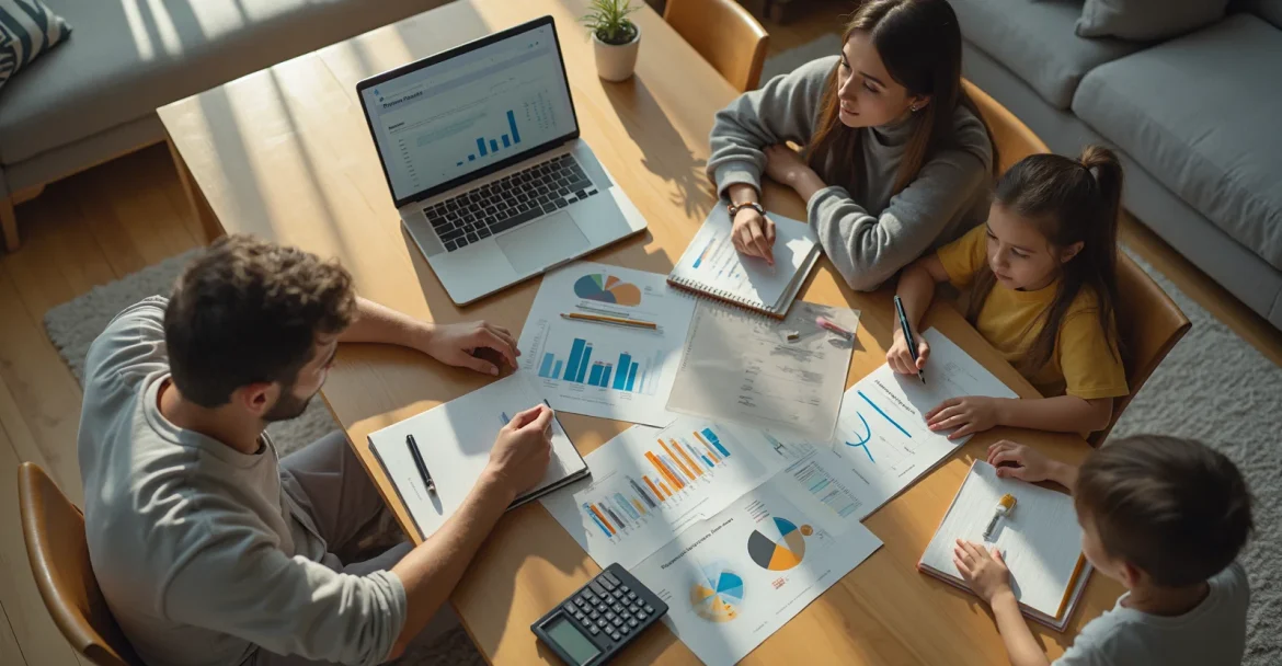 Изображение семьи, обсуждающей планирование бюджета с учетом сезонных и непредвиденных расходов.