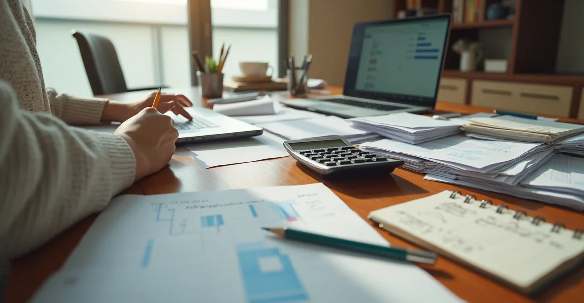 Изображение человека, который сидит за столом с ноутбуком и документами, ведя учет доходов и расходов.