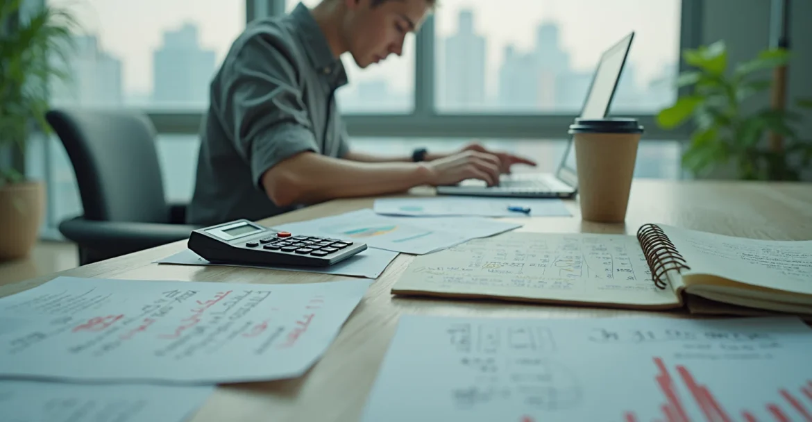 Изображение человека, который сидит за столом с ноутбуком и документами, сравнивая банковские услуги.
