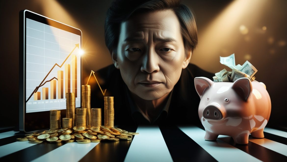 Человек выбирает между инвестициями в акции и сберегательным счетом, символизируя влияние психологии денег на финансовые решения.