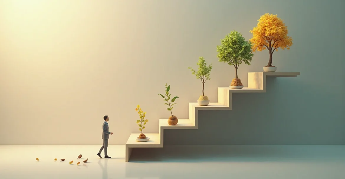 Инфографика с изображением лестницы, где каждая ступенька символизирует увеличение вложений. На каждой ступеньке иконки, символизирующие различные этапы (начало с малого, постепенное увеличение).