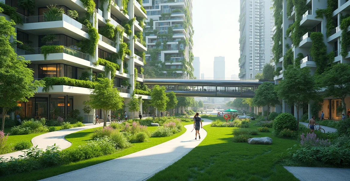 Изображение современного жилого комплекса в крупном городе, с акцентом на развитую инфраструктуру и транспортную доступность. На переднем плане видны зеленые зоны и пешеходные дорожки.