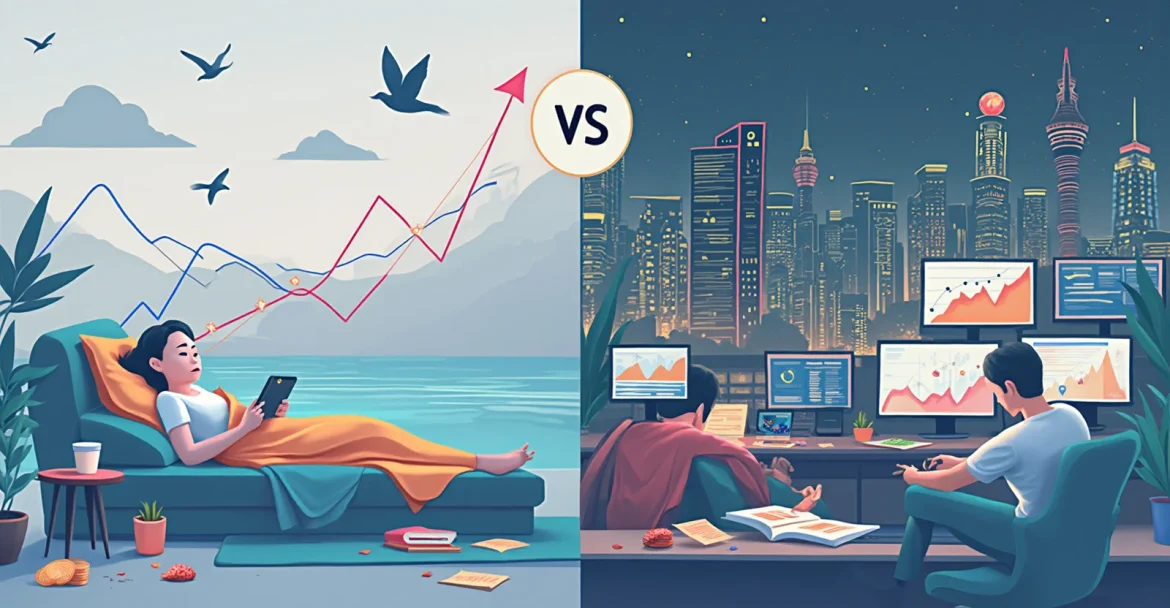 Слева — символы, ассоциирующиеся с пассивным инвестированием (например, графики, диван, спокойствие). Справа — символы, ассоциирующиеся с активным инвестированием (например, мониторы, графики, напряжение).